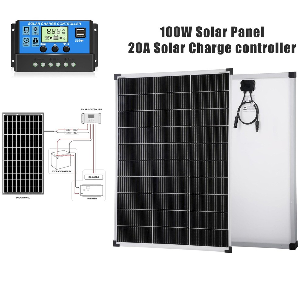 100W Solar Panel Kit Mono Cell Battery Power 20A Controller Roof Home Off-Grid