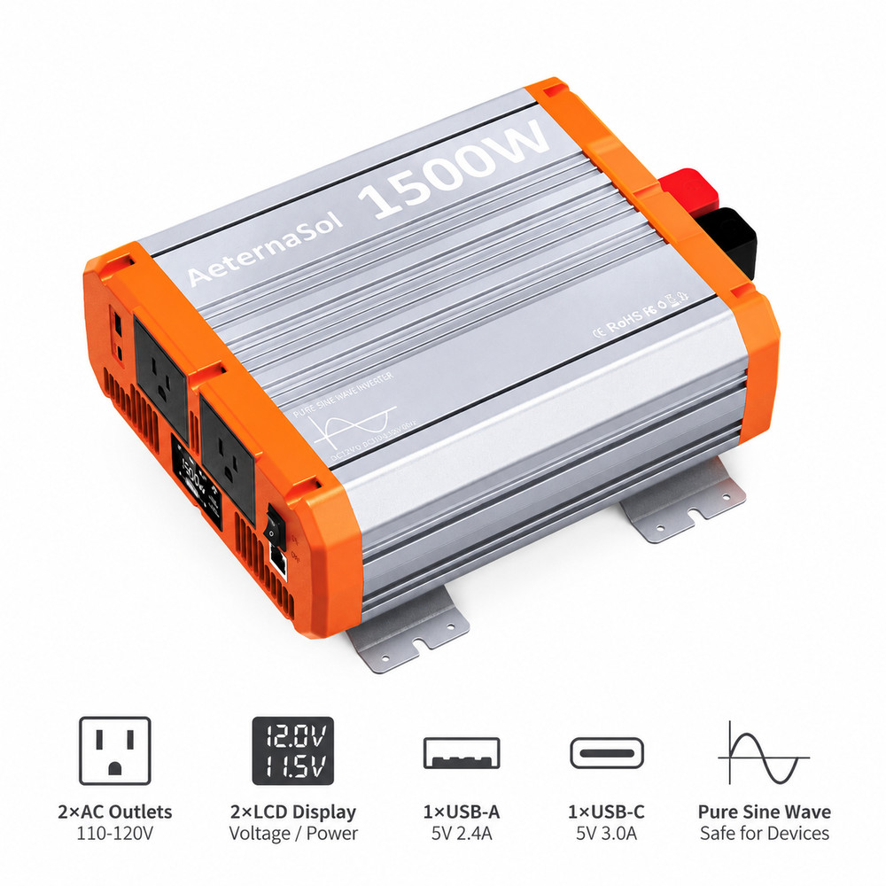 1500W Power Inverter Pure Sine Wave Inverter 12V 110V 120V Car Truck Boat Solar