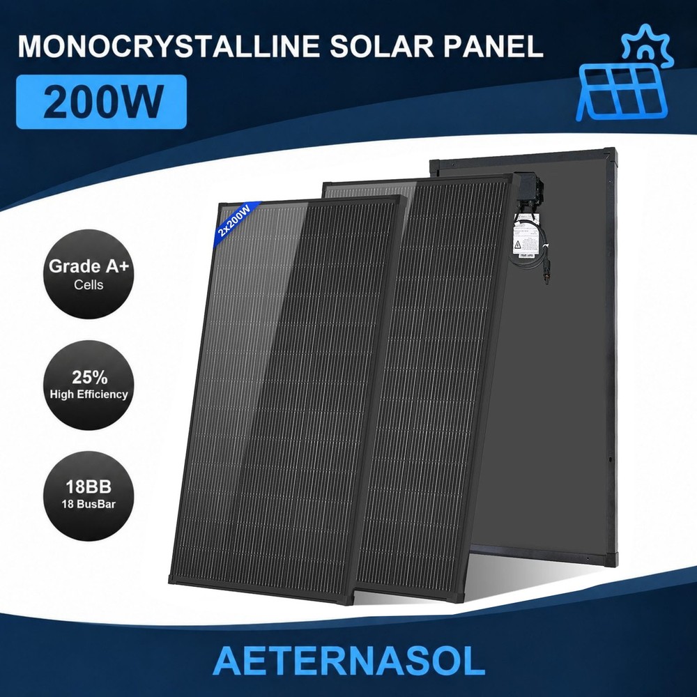 AeternaSol 400W(200W*2) 18V Solar Panel 18BB N-Type Mono Roof RV Boat Off-Grid
