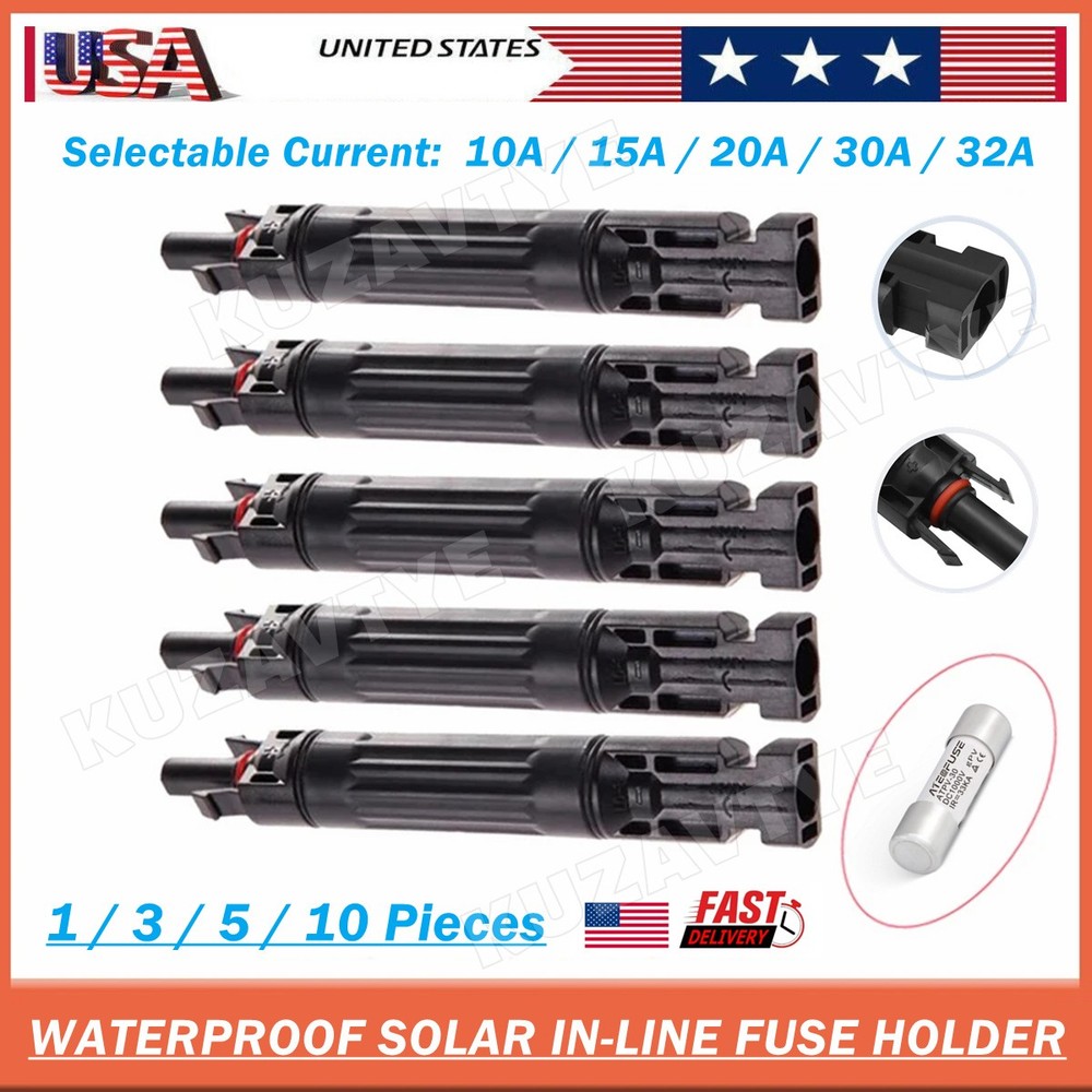 10/15/20/30/32A in-line Fuse Holder w/Fuses Solar Panel PV Connector 1~10 Pieces