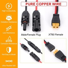 20ft Solar Panel Extension Cable Wire XT60 Female to Solar Connectors Black Red