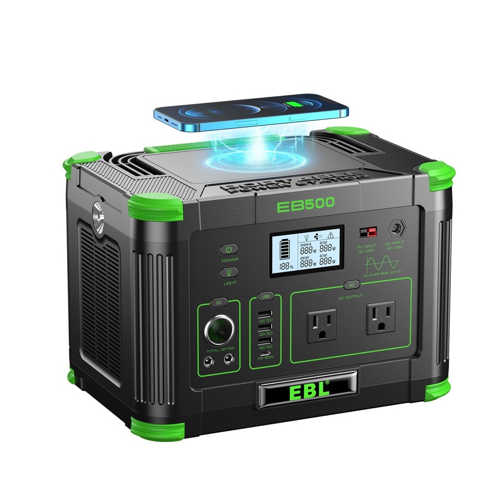 EBL Portable Power Station 500wPeak 1000W, Camping Solar 519Wh Outdoor Solar …