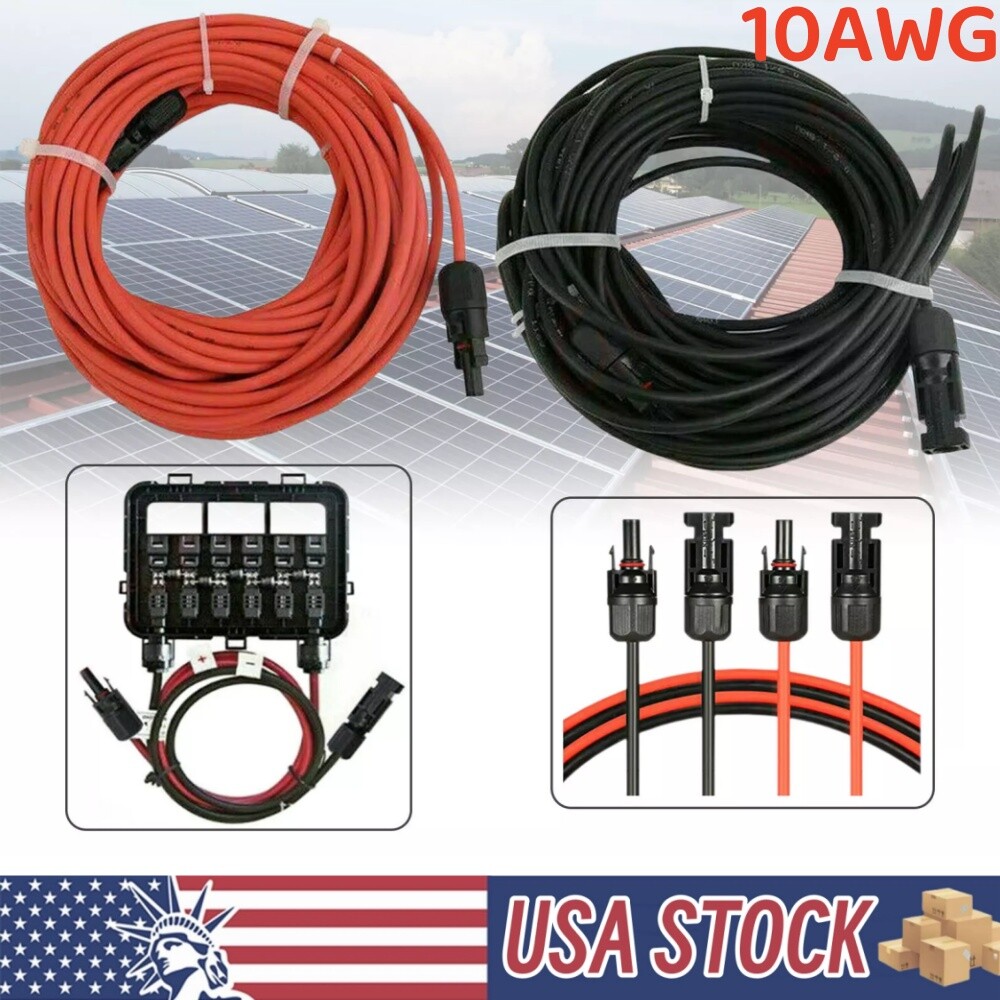 10 AWG Solar Panel Extension Cable PV Wire Solar Connectors Pair Black Red 6mm²