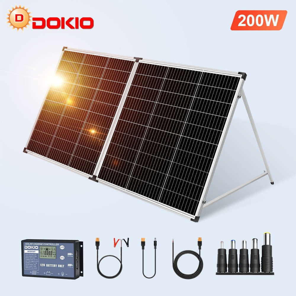 Dokio 200W Mono Folding Solar Panel, 12V for Boat, RV, Off-Grid and Garden Power