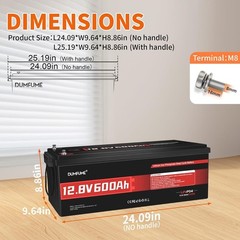 12V 600Ah LiFePO4 Lithium Battery Deep Cycle 7680Wh 200A BMS for RV Boat Marine