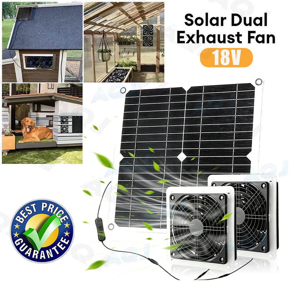 Solar Powered Fan Kit 25W Solar Panel Waterproof 2 Exhaust Fan for Chicken Coop