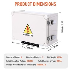 1pc 6 String PV Combiner Box, DC 500V 15A Fuse Solar Combiner Box Plastic Wate