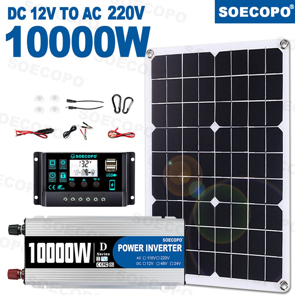 USA 10000W 110V Power Inverter Solar Generator W/ 500W Solar Panel Home Complete
