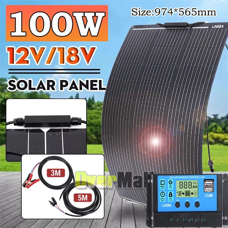 100 Watt Solar Panel Kit 12V Battery Charging Off-Grid Power RV Home Boat Camp