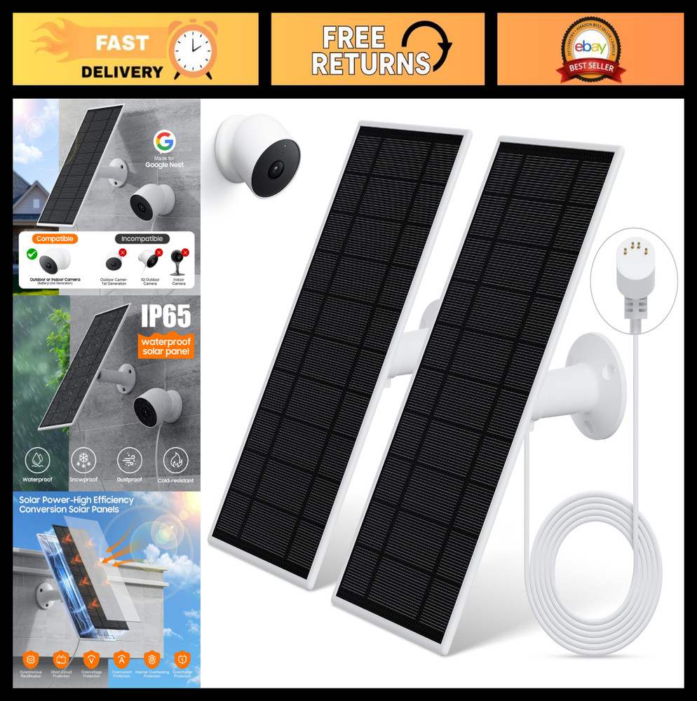 2-Pack Solar Panel Charger for Nest Camera Indoor/Outdoor, IP65 Waterproof, 13.1