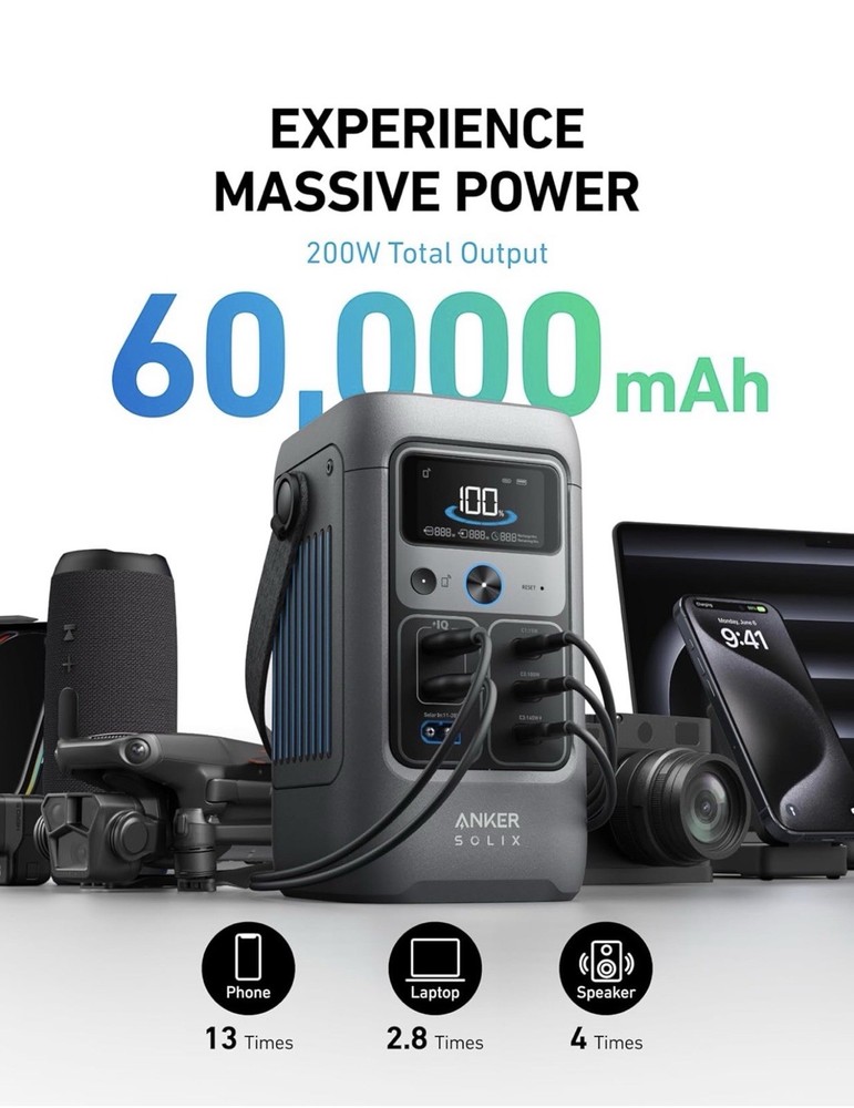 Anker SOLIX C200 DC Generator Kit 200W 60000mAh Foldable Solar Panel USB-C