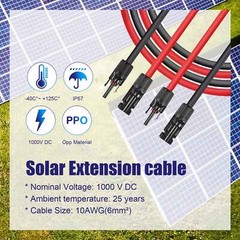 1 Pair Solar Panel Extension Cable Wire Black & Red 10AWG Gauge 6mm² Connector