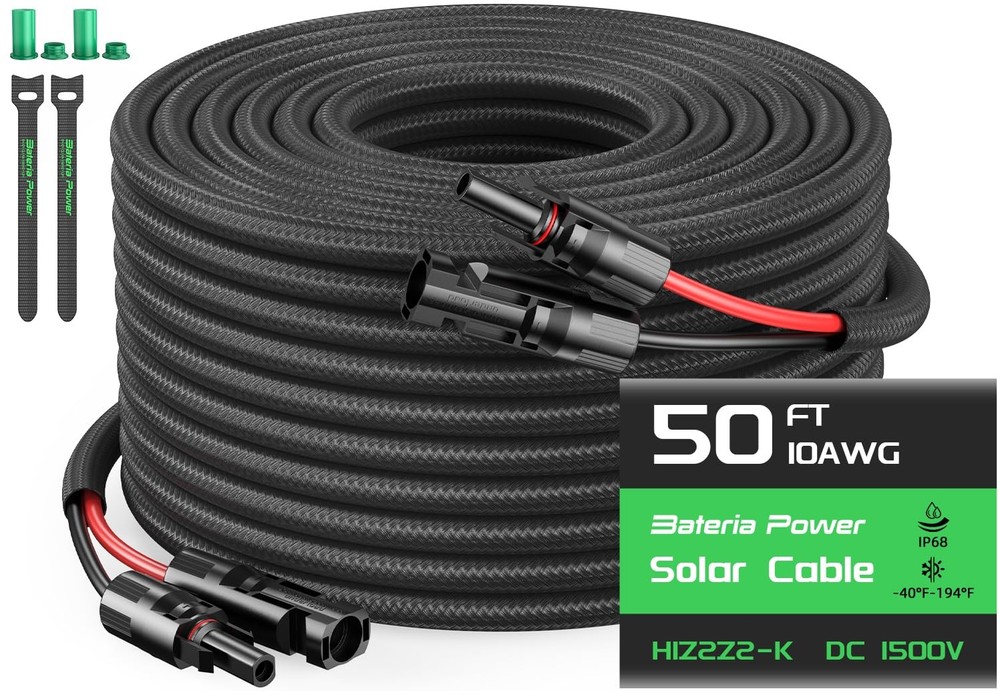 1 Pair 50ft Solar Cables R 10 Gauge Solar Extension Cable With Ip68 Female & Mal