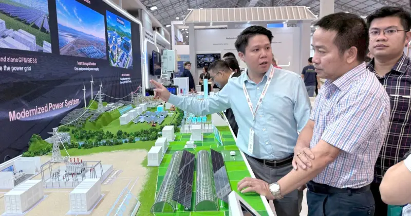 Khách tham quan mô hình hệ thống pin lưu trữ tại triển lãm năng lượng